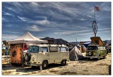 Volkswagen camper camp at Burning Man. I didn't realize there was a group camp. I ended up hanging out there a bunch, but I often prefer to camp by myself at festival, not too close to friends, so I can have a little of my own space. I didn't know anyone at the Bus camp, but ended up hanging out there for a few beers and a tie dye shirt event.